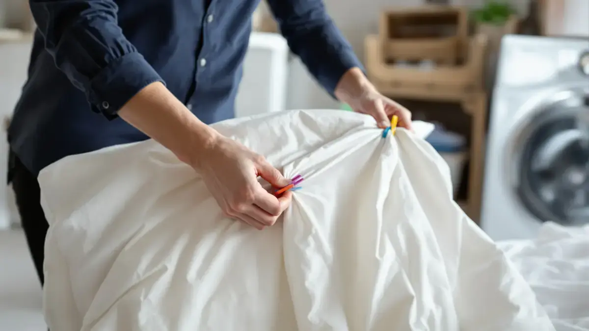 Deze truc met wasknijpers voorkomt dat lakens in de droger in de knoop raken