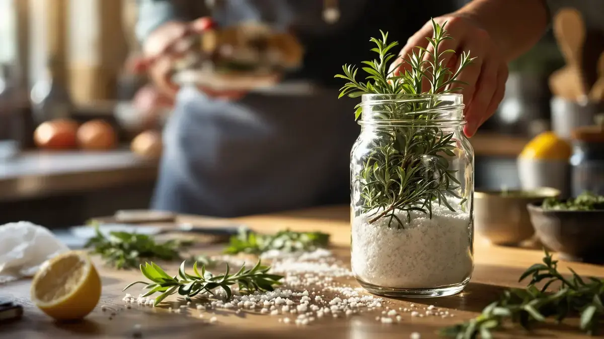 Rozemarijn en grof zeezout in potten intrigeren door hun gebruik en erkende voordelen in veel huishoudens